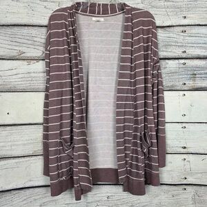 Maurices Striped Open Front Cardigan Taupe White M